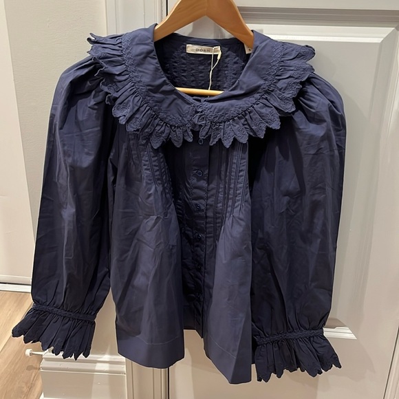 NWT Doen Blue Ruffle Collar Hickory Long Sleeve Blouse Top Atlantic Blue - Picture 2 of 9